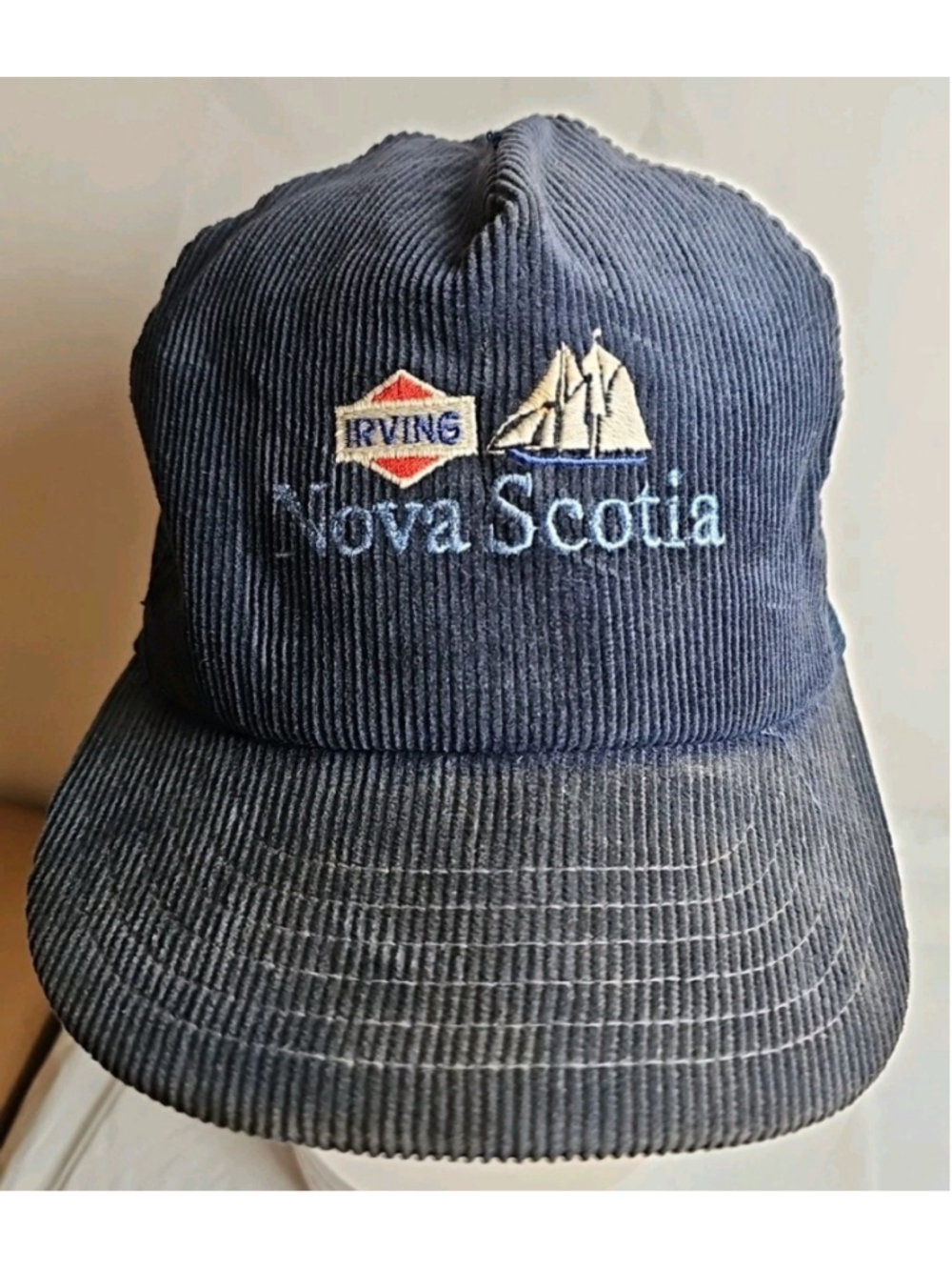 Vintage Irving Nova Scotia Snapback Hat Trucker Cap Blue Corduroy Made In Canada